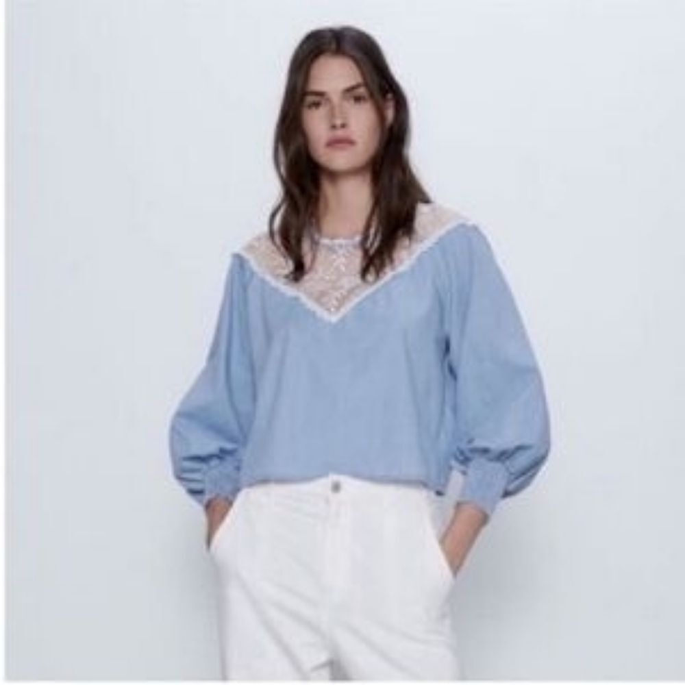 Zara Chambray Puff Sleeve Blouse